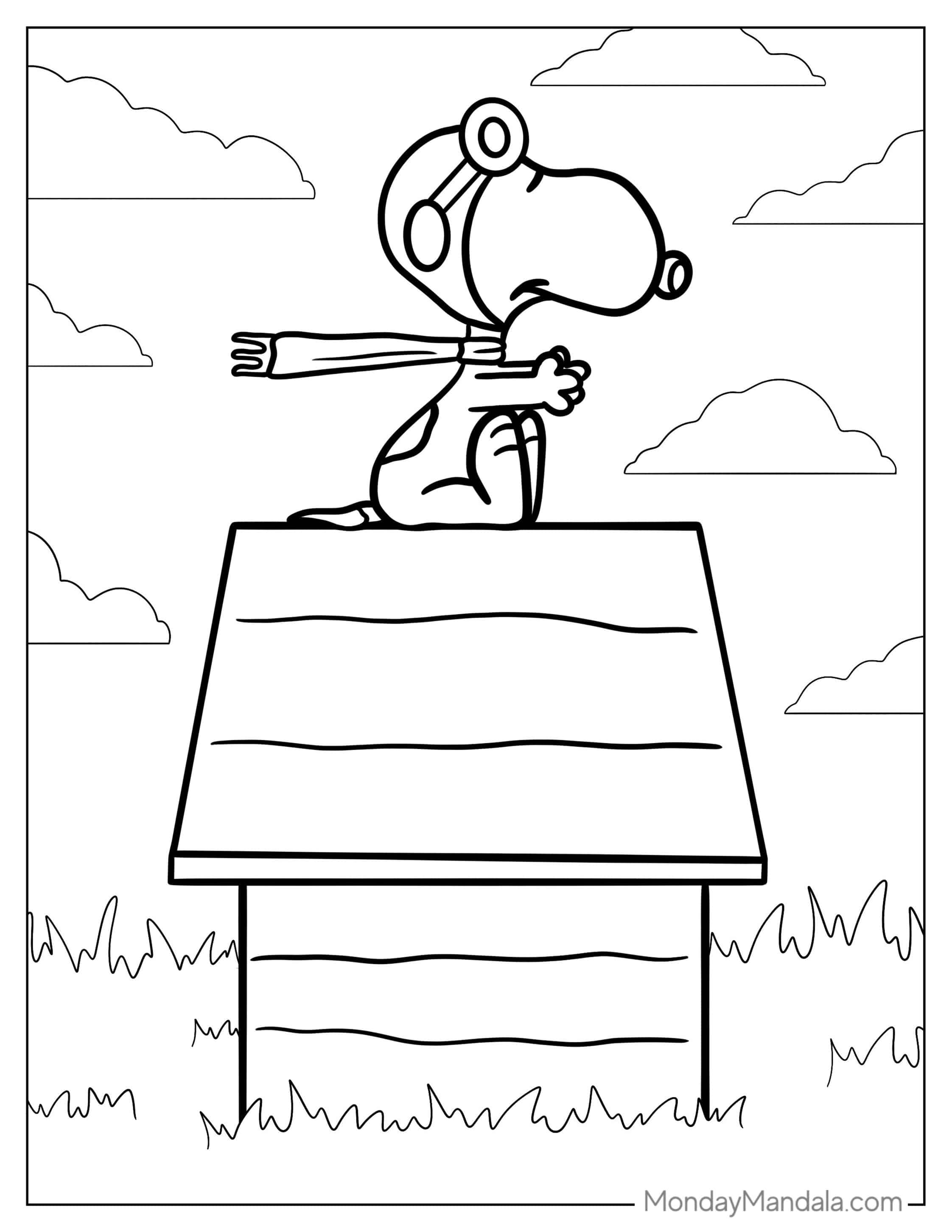 Snoopy Sitting On Dog House Imagining He Is Flying coloring page