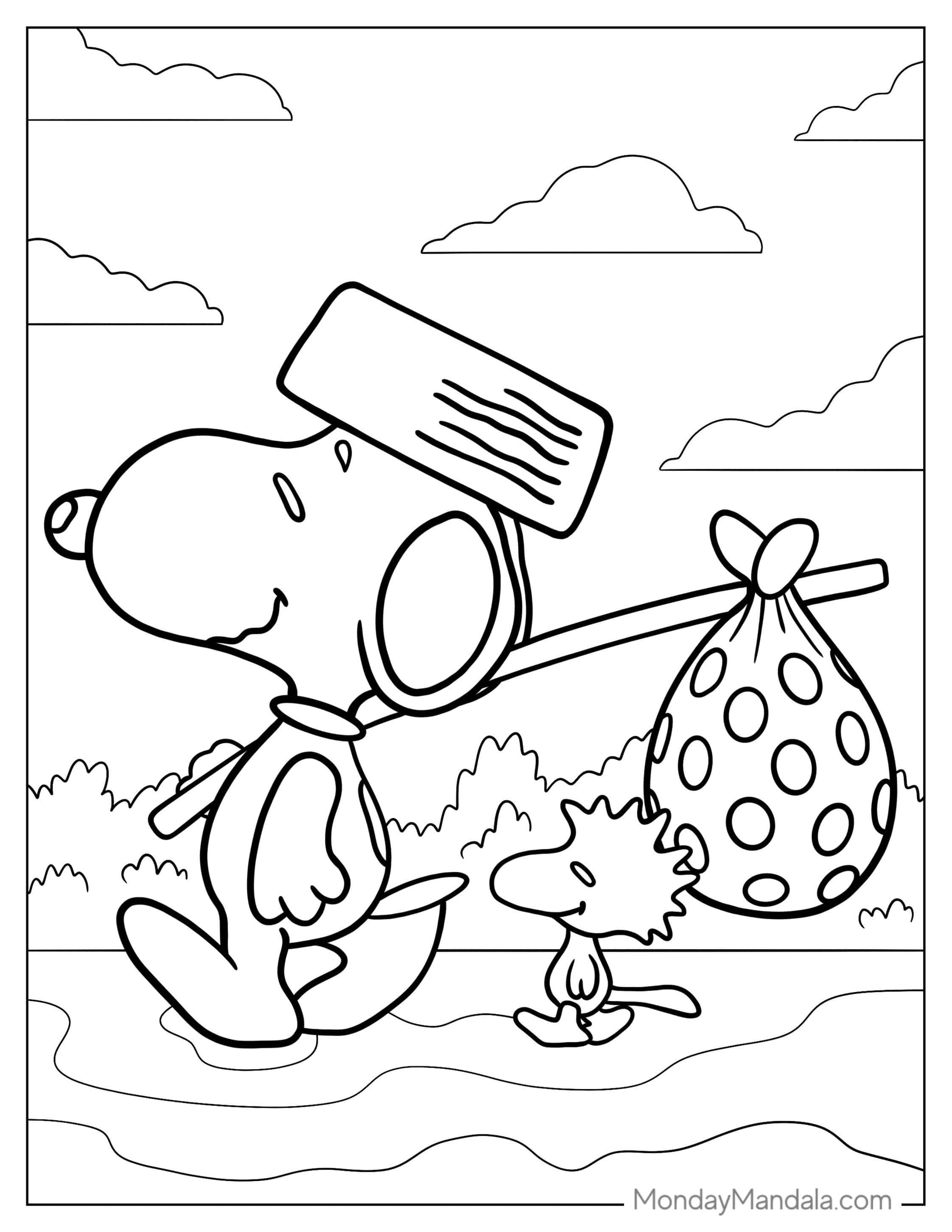 Snoopy Walking With a Knapsack To Color coloring page