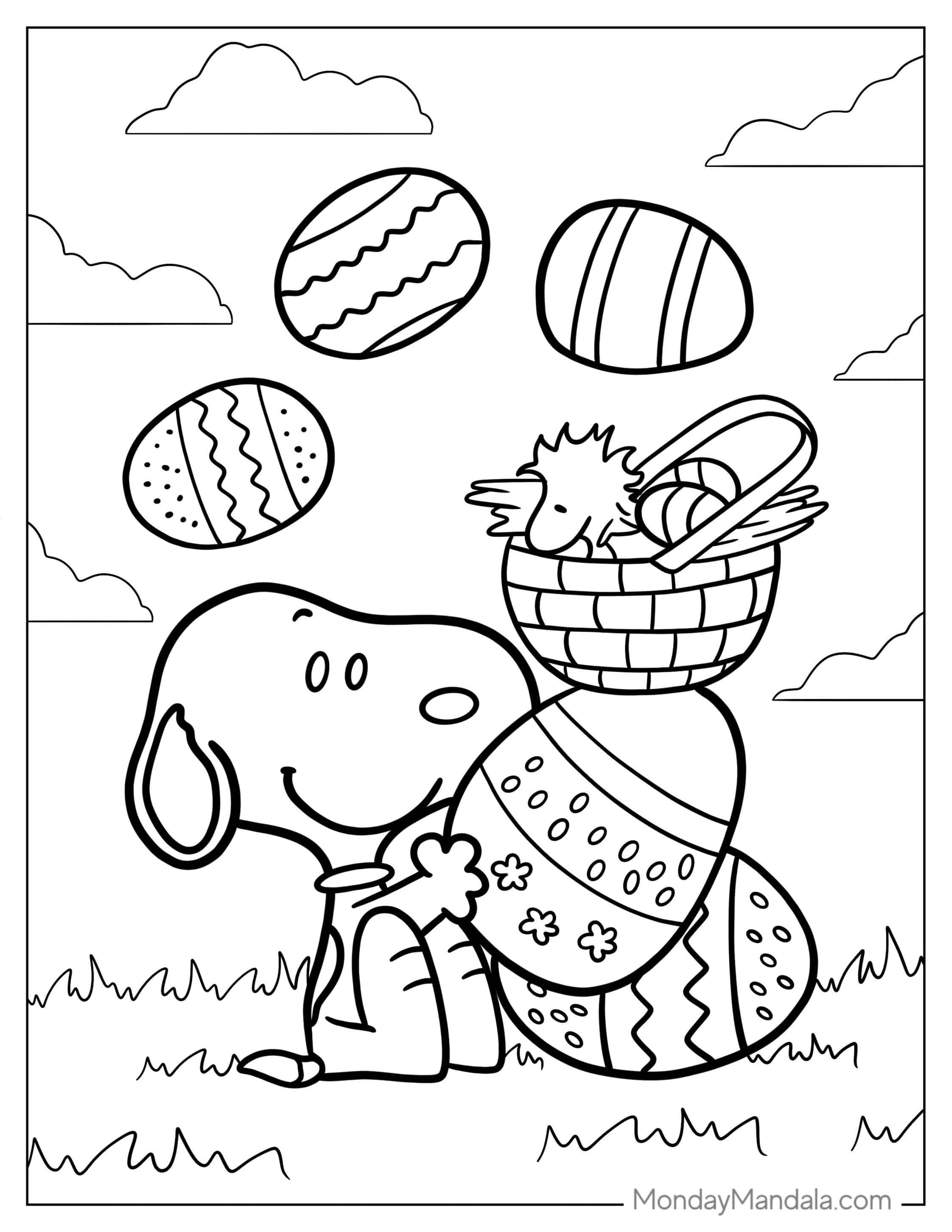 Snoopy With Easter Egg Basket To Color coloring page — printable line art