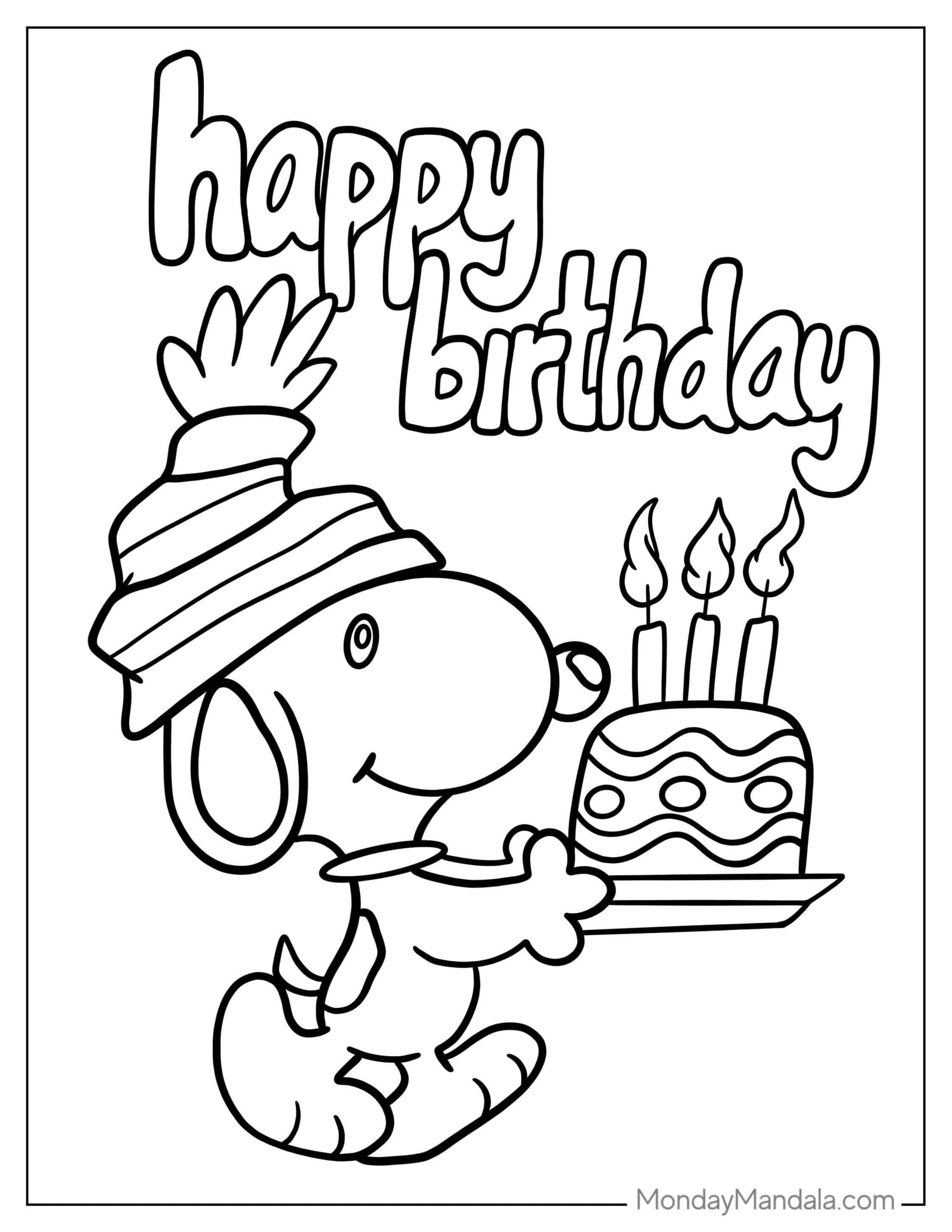 Snoopy With Happy Birthday Cake To Color coloring page — printable line art