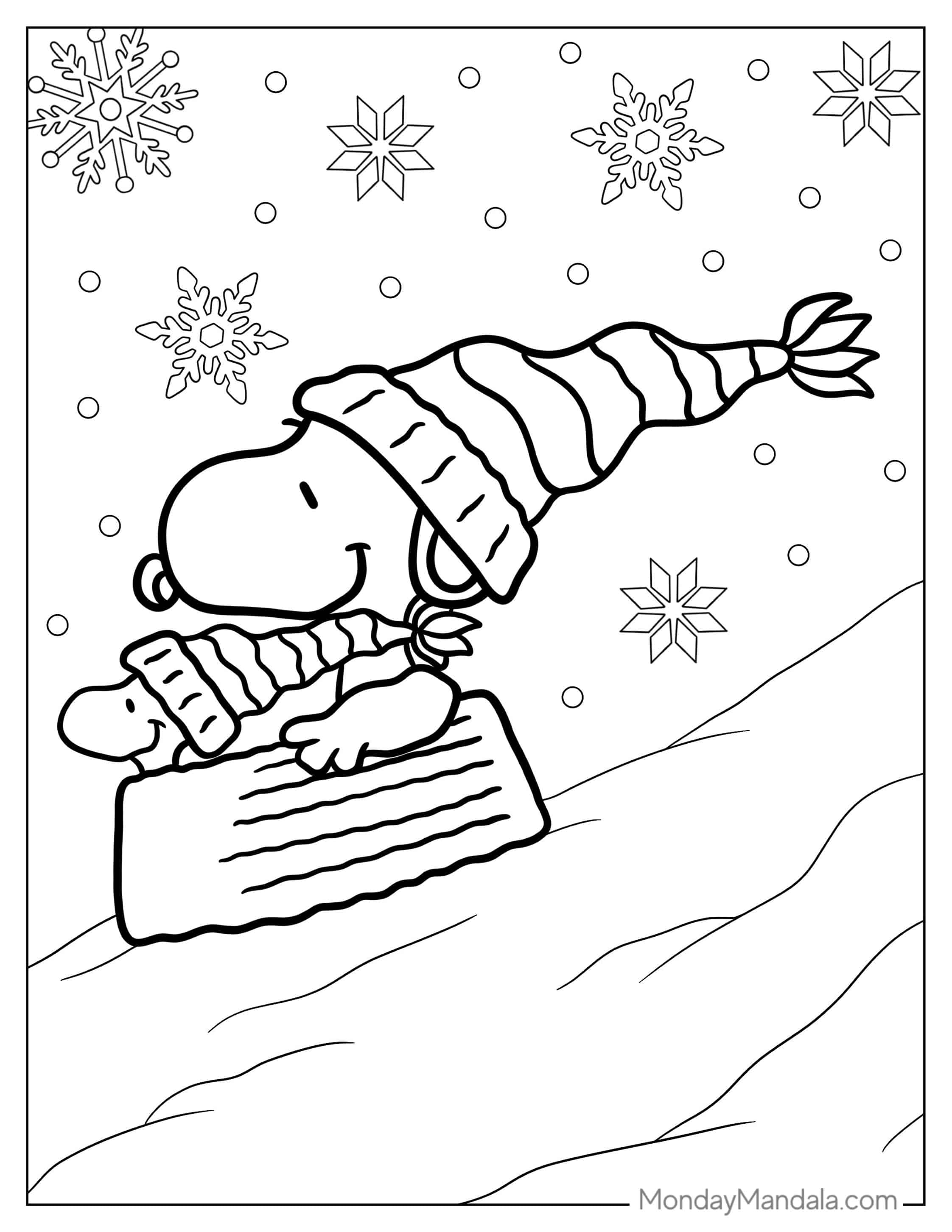 Woodstock And Snoopy Sledding During Christmas coloring page — printable line art