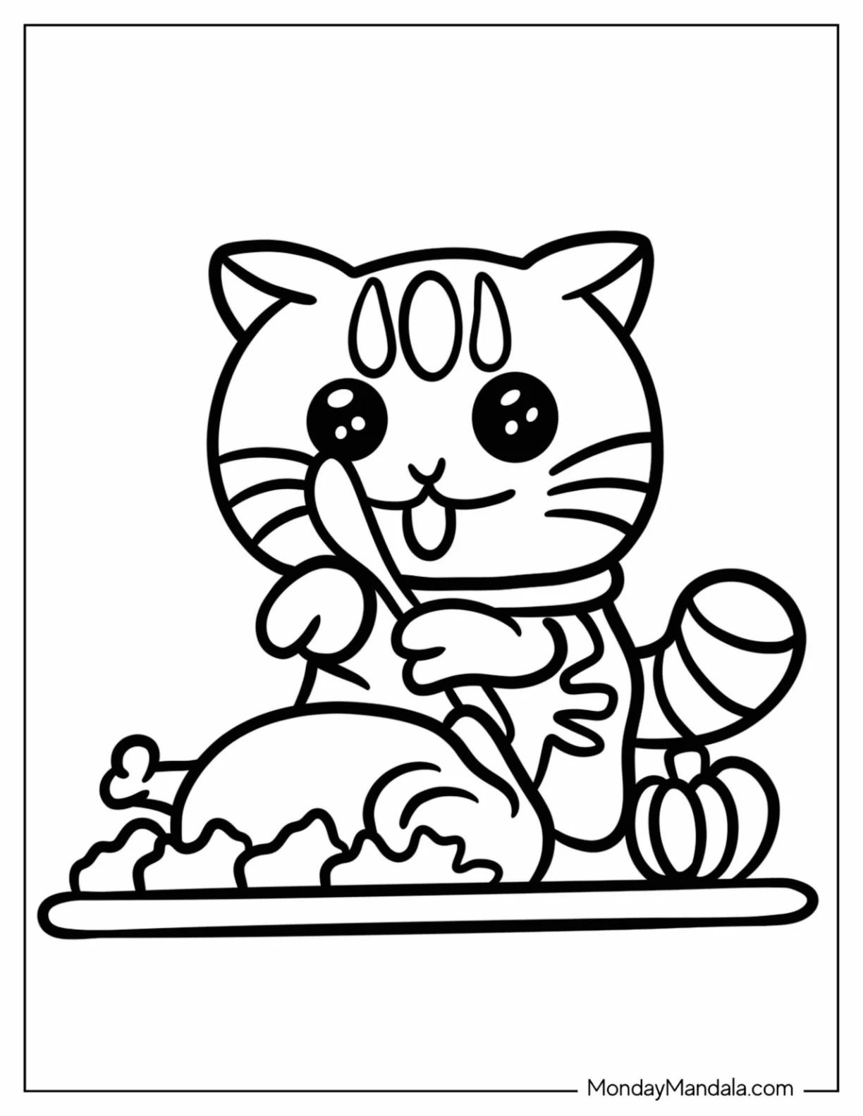 Adorable Cat Eating Thanksgiving Coloring Page Of Turkey For Preschoolers coloring page