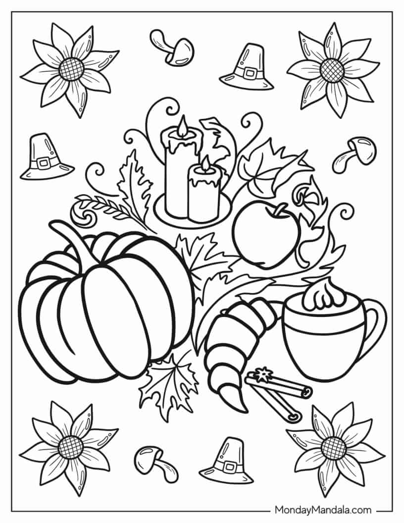 Assorted Thanksgiving Elements Coloring Page coloring page