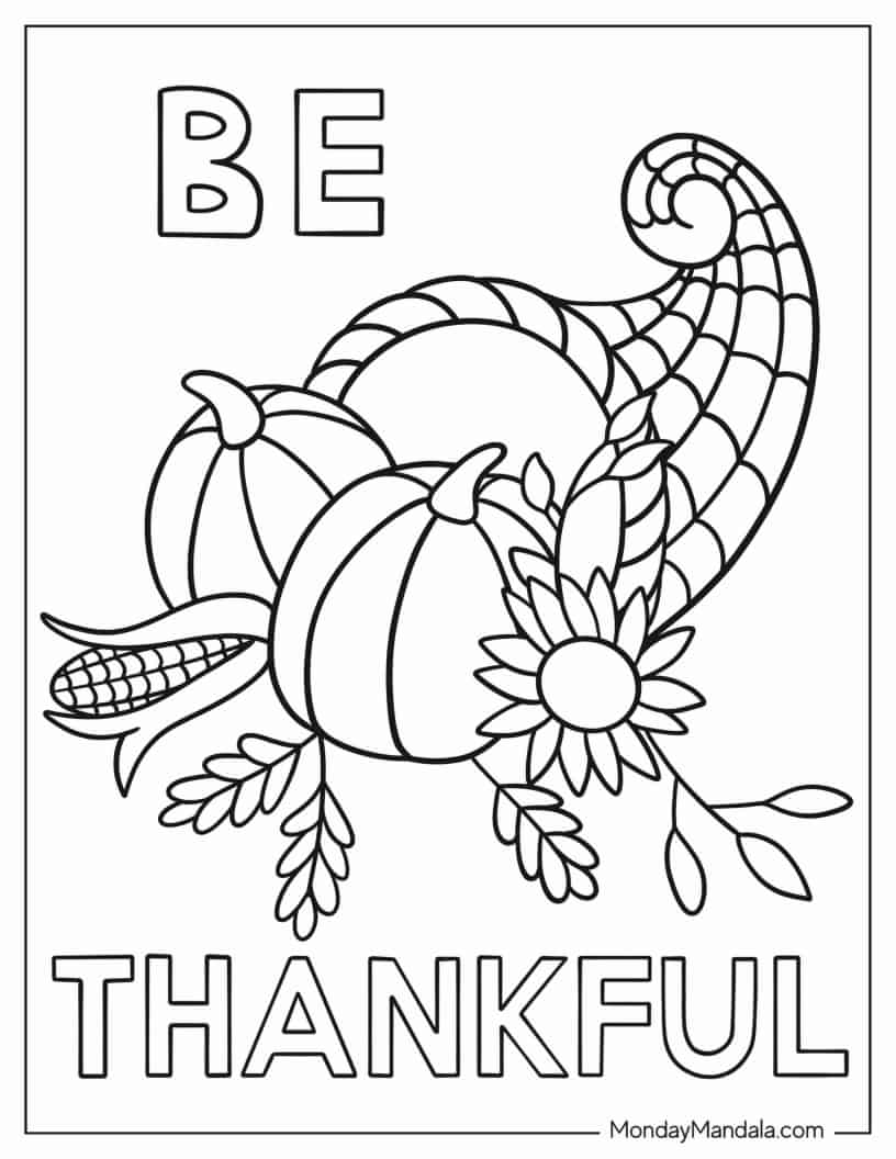 Be Thankful Coloring Page With Pumpkins coloring page — printable line art