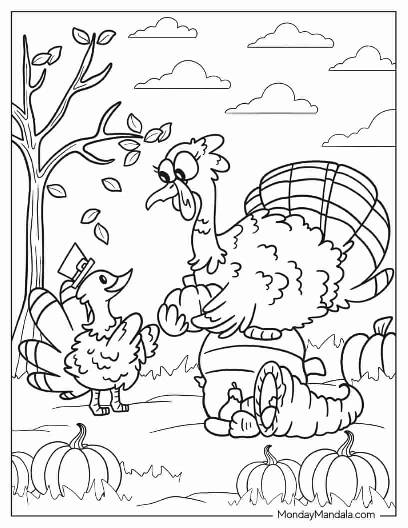Big Turkey Passing Pumpkin To Small Turkey On Thanksgiving coloring page