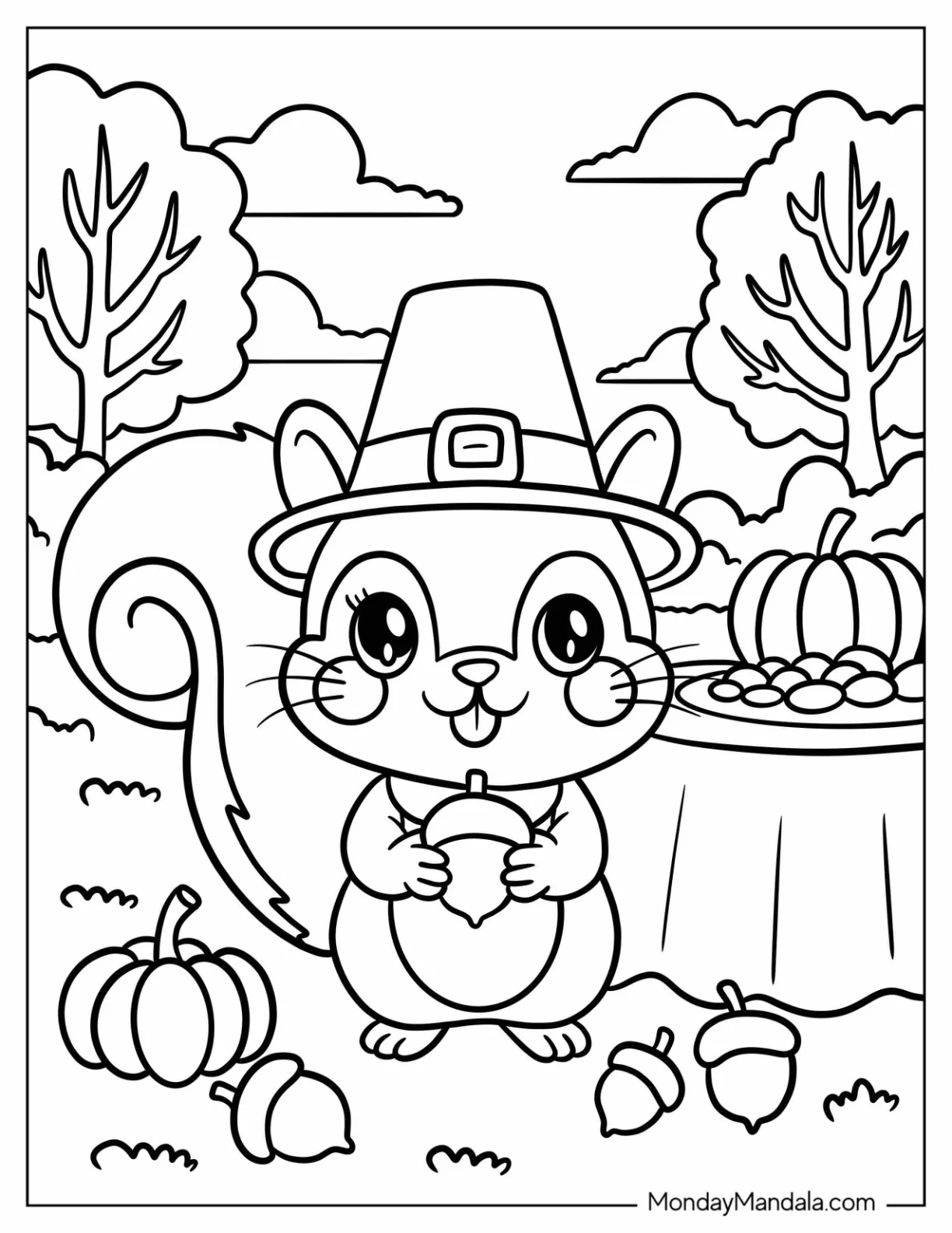 Cartoon Squirrel Dressed for Thanksgiving Coloring Page with Acorns and Pumpkins for Preschoolers coloring page