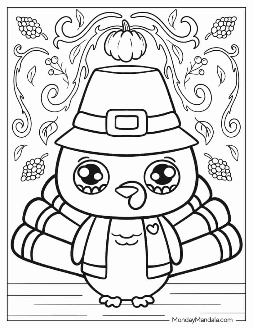 Cartoon Thanksgiving Turkey In Hat coloring page — printable line art