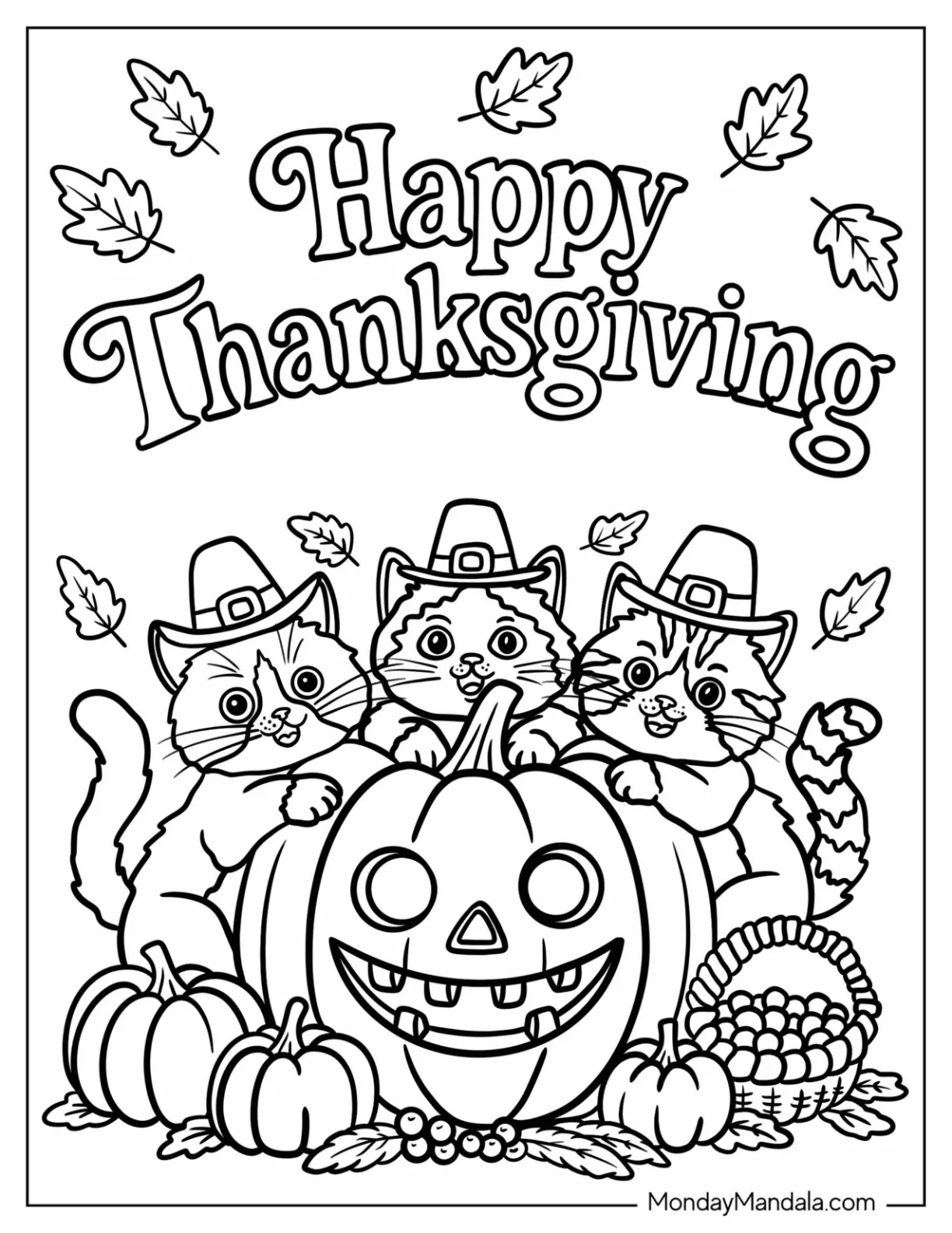 Cats with Pilgrim Hats on a Pumpkin and Happy Thanksgiving Coloring Page for Kids coloring page