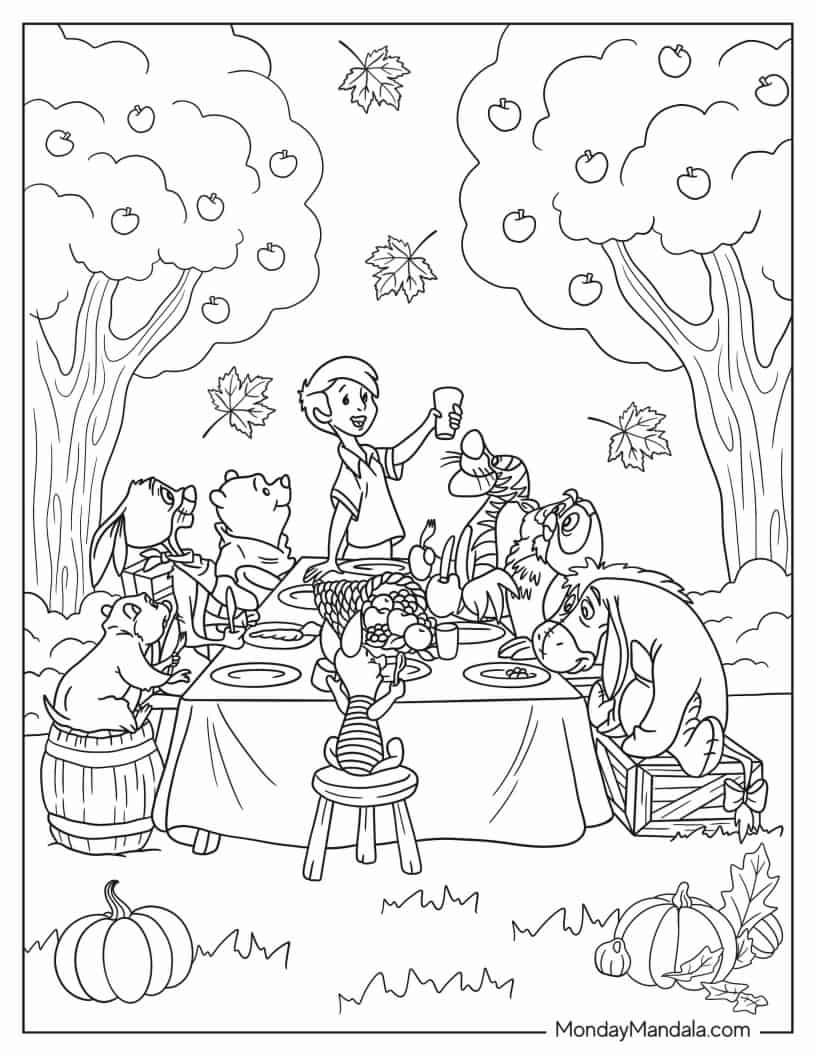 Christopher Robin, Pooh, And Friends Celebrate Thanksgiving coloring page