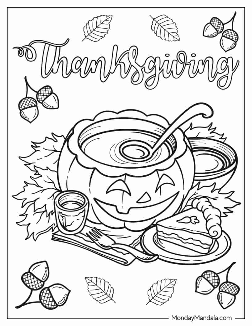 Coloring Page Of Punch In Jack-O-Lantern With Pumpkin Pie Slice coloring page — printable line art