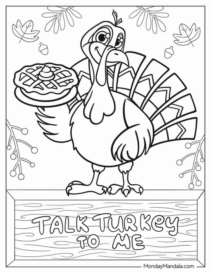 Coloring Page Of Thanksgiving Turkey With Pumpkin Pie coloring page — printable line art