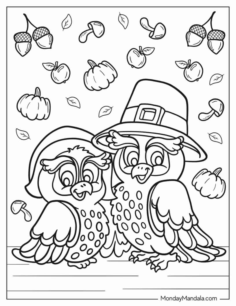 Coloring Sheet Of Cartoon Thanksgiving Owls In Hats coloring page