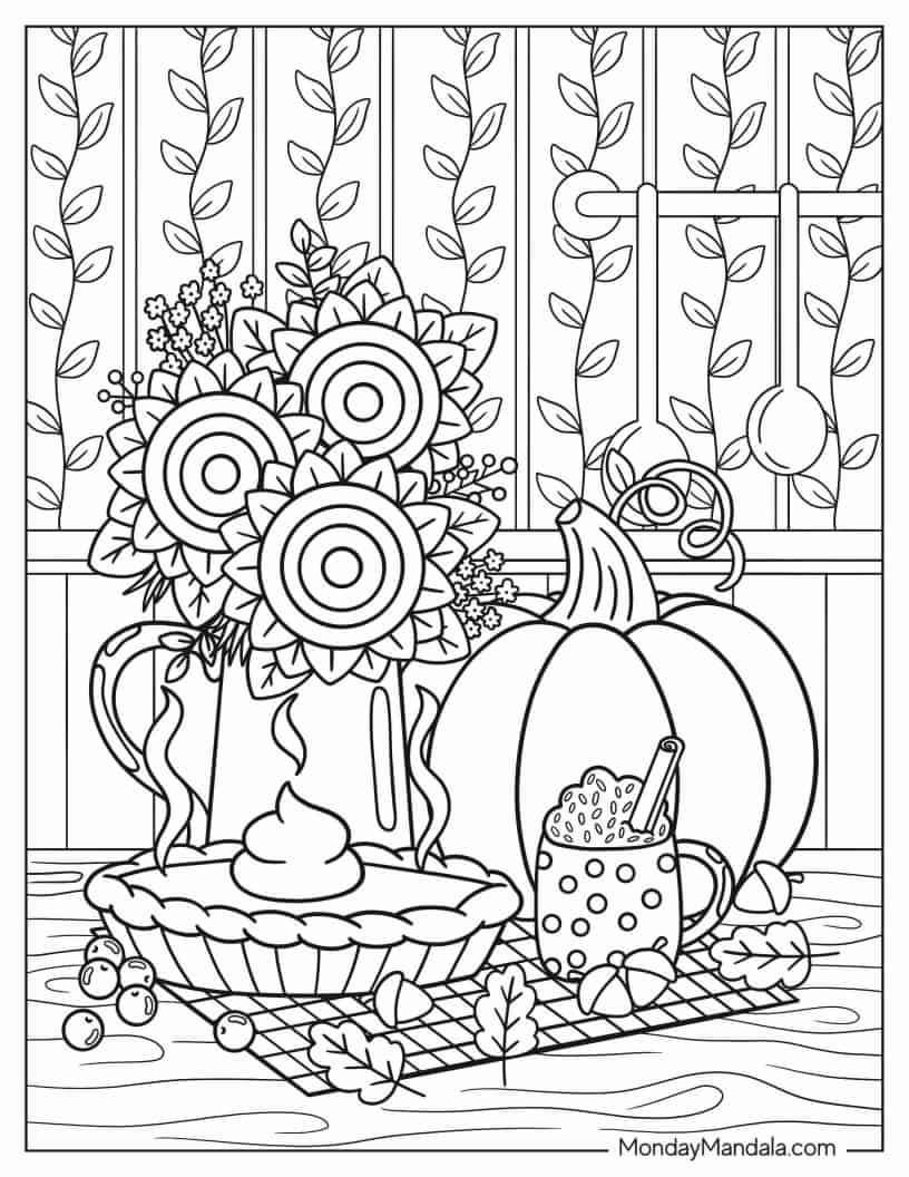 Coloring Sheet Of Thanksgiving Meal On Table coloring page — printable line art