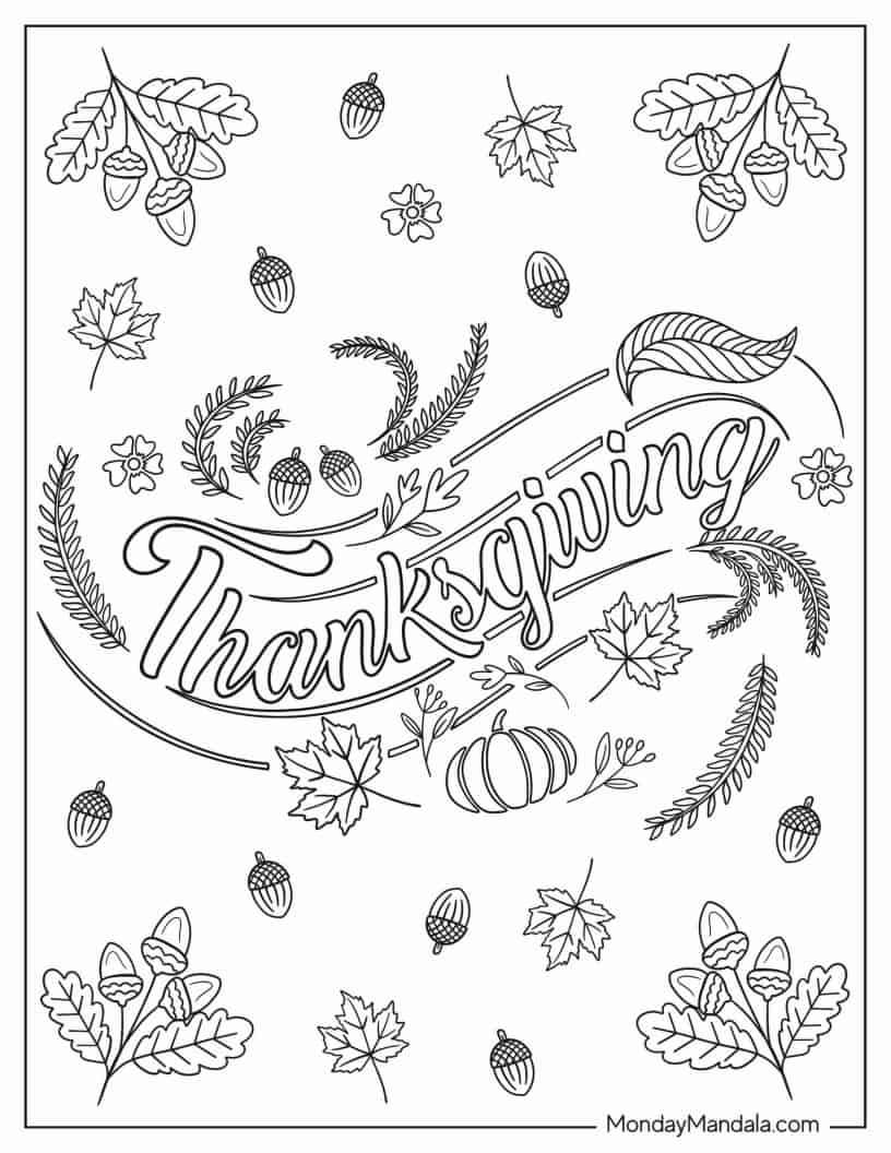 Cursive Thanksgiving Outline With Autumn Leaves coloring page