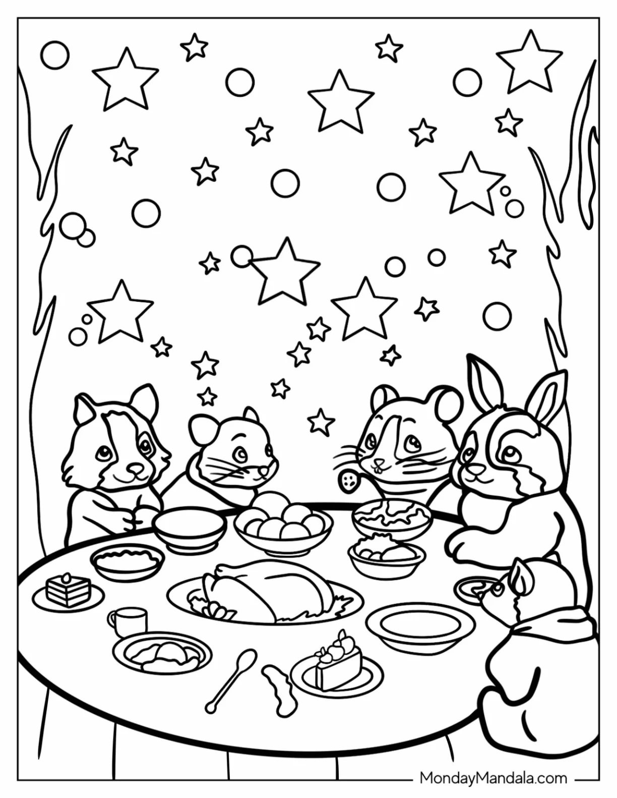 Cute Animals Eating Thanksgiving Coloring Page Of Dinner Under The Stars coloring page — printable line art