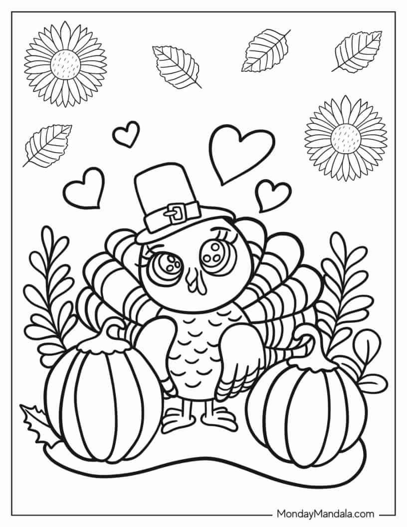Cute Cartoon Thanksgiving Turkey With Pumpkins coloring page