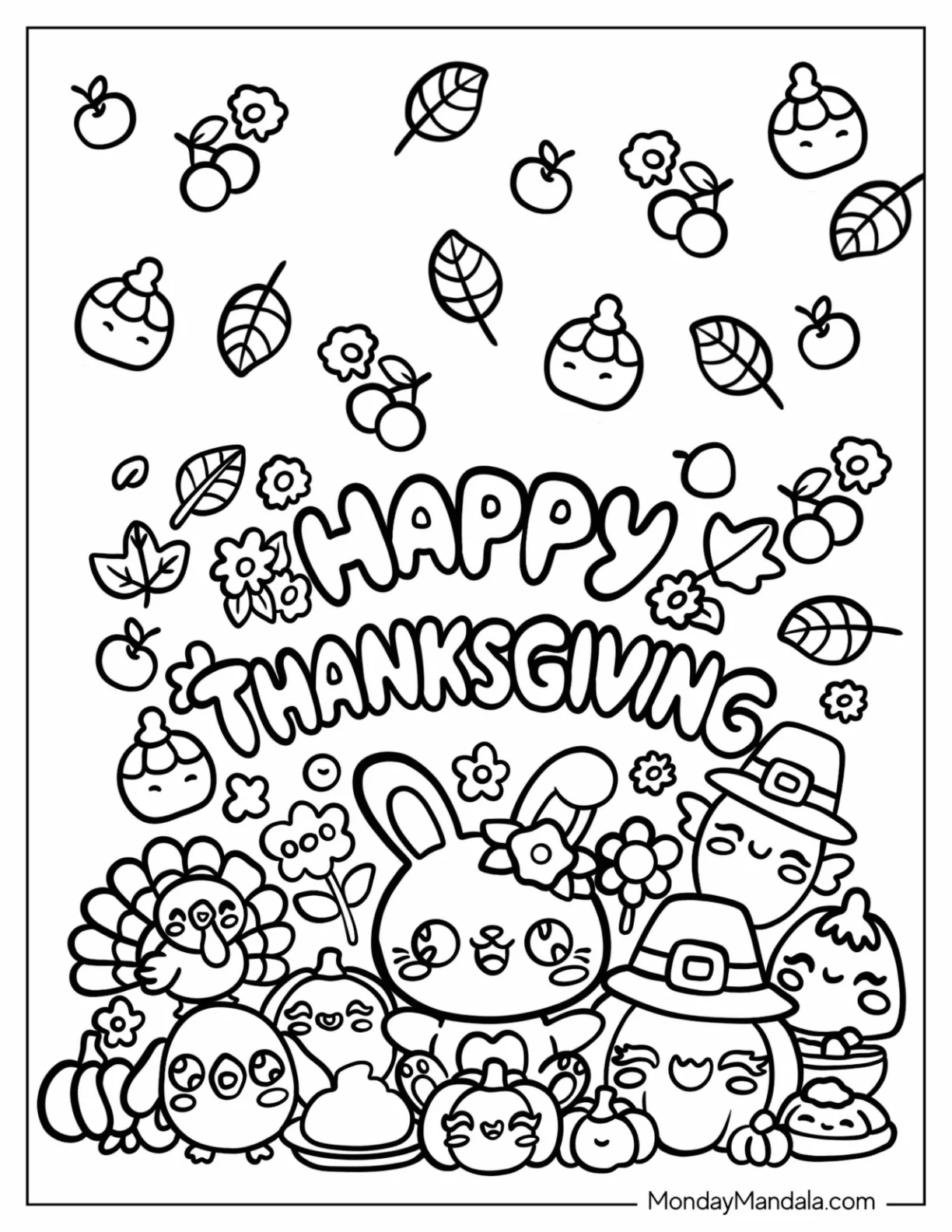 Cute Happy Critters Celebrating Thanksgiving Coloring Page For Kids coloring page — printable line art