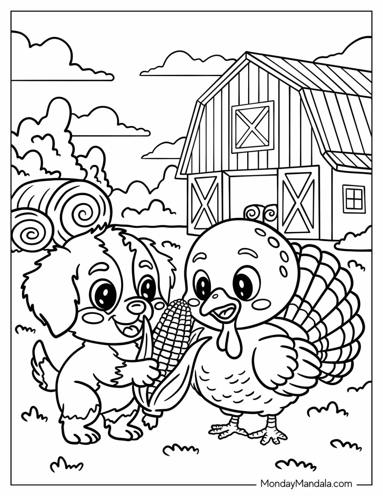 Cute Puppy and Turkey Sharing Corn on the Farm Thanksgiving Coloring Page for Kids coloring page