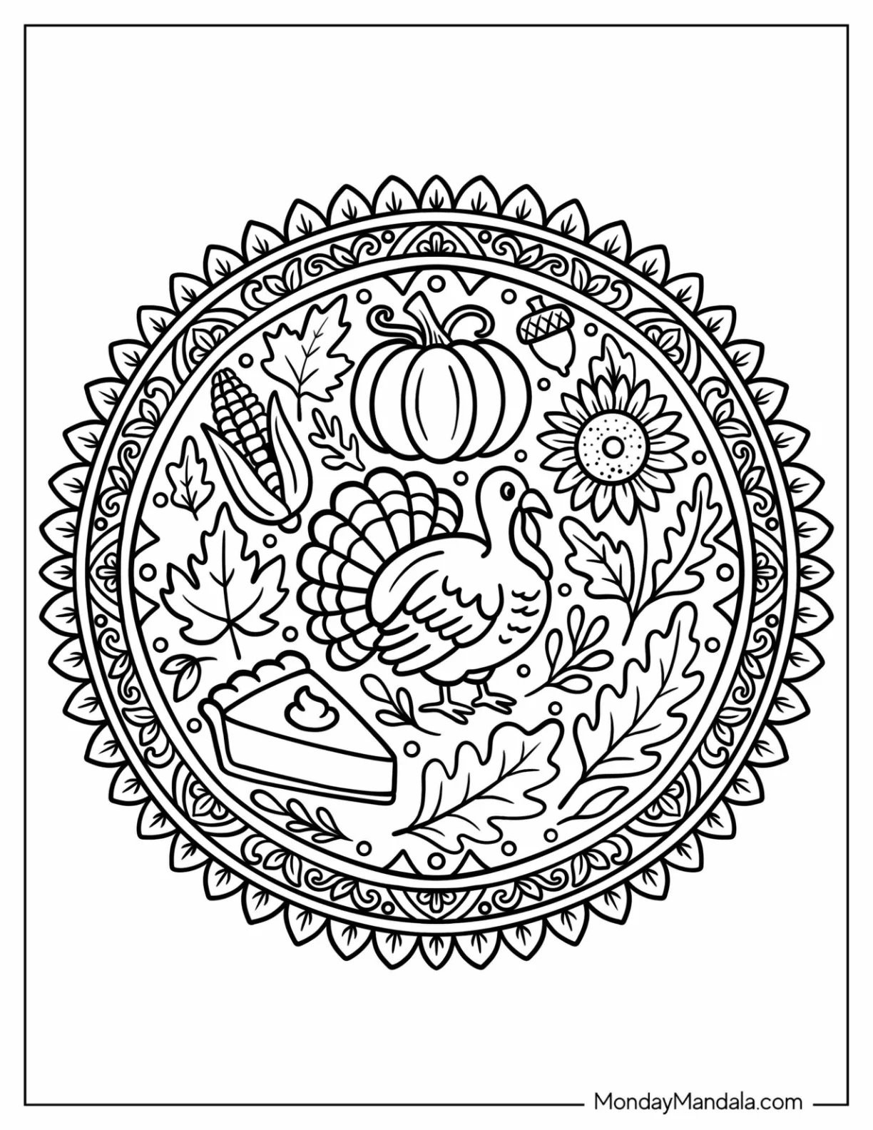 Cute Thanksgiving Coloring Page Mandala with Turkey, Fall Harvest, and Leaves coloring page