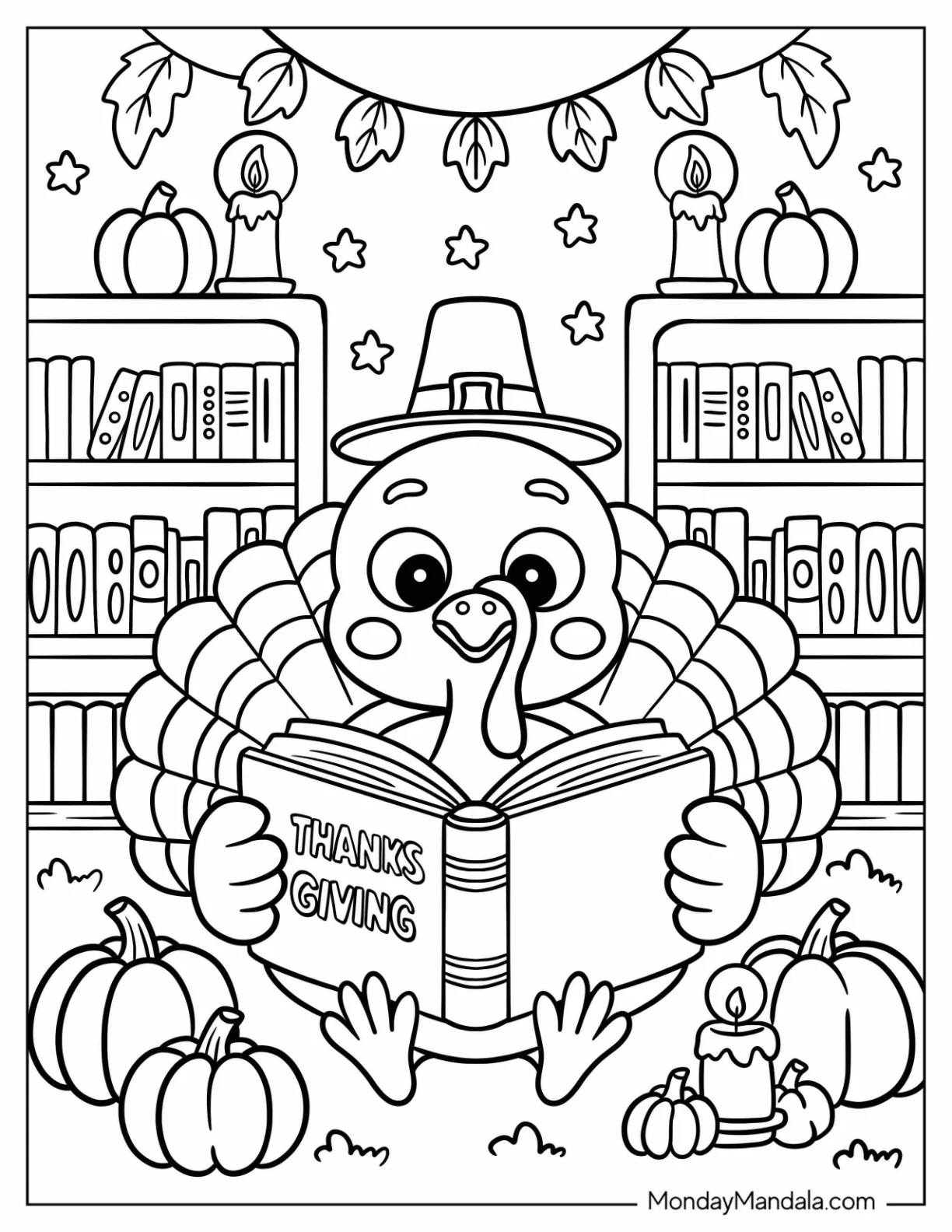 Cute Thanksgiving Coloring Page Turkey Reading a Book for Kids coloring page