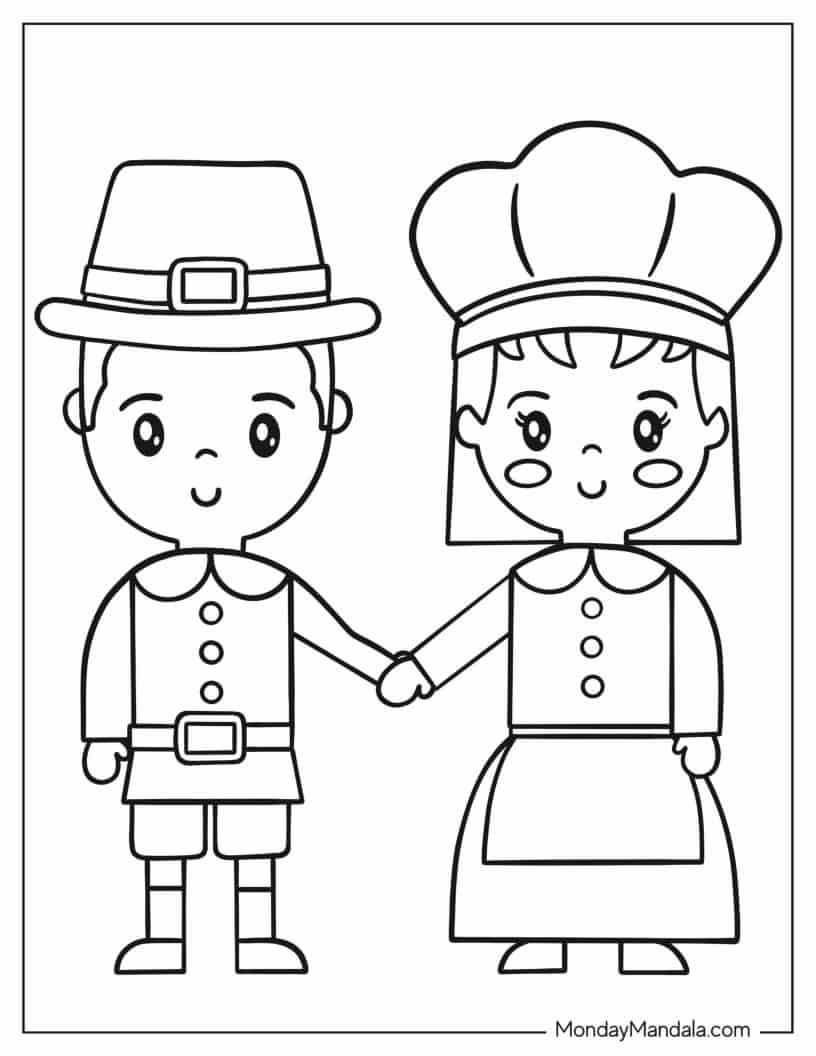 Easy Coloring Sheet Of Boy And Girl In Thanksgiving Costumes coloring page