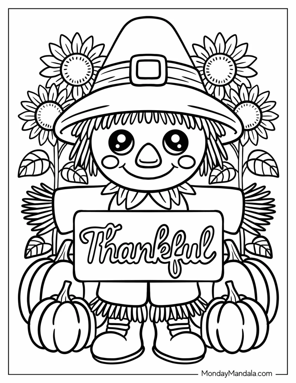 Festive Scarecrow Surrounded by Pumpkins and Sunflowers Thanksgiving Coloring Page for Kids coloring page
