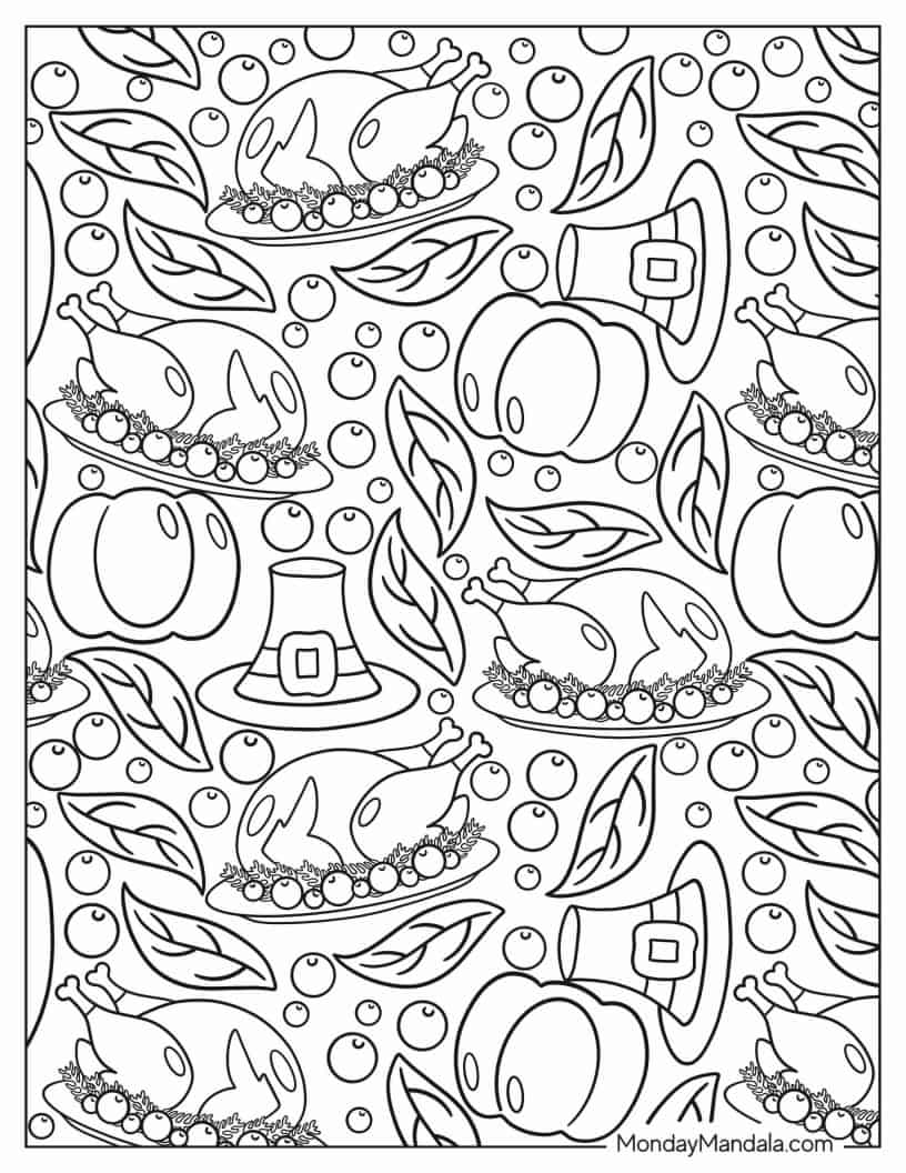 Full Page Coloring Sheet Of Thanksgiving Elements coloring page — printable line art