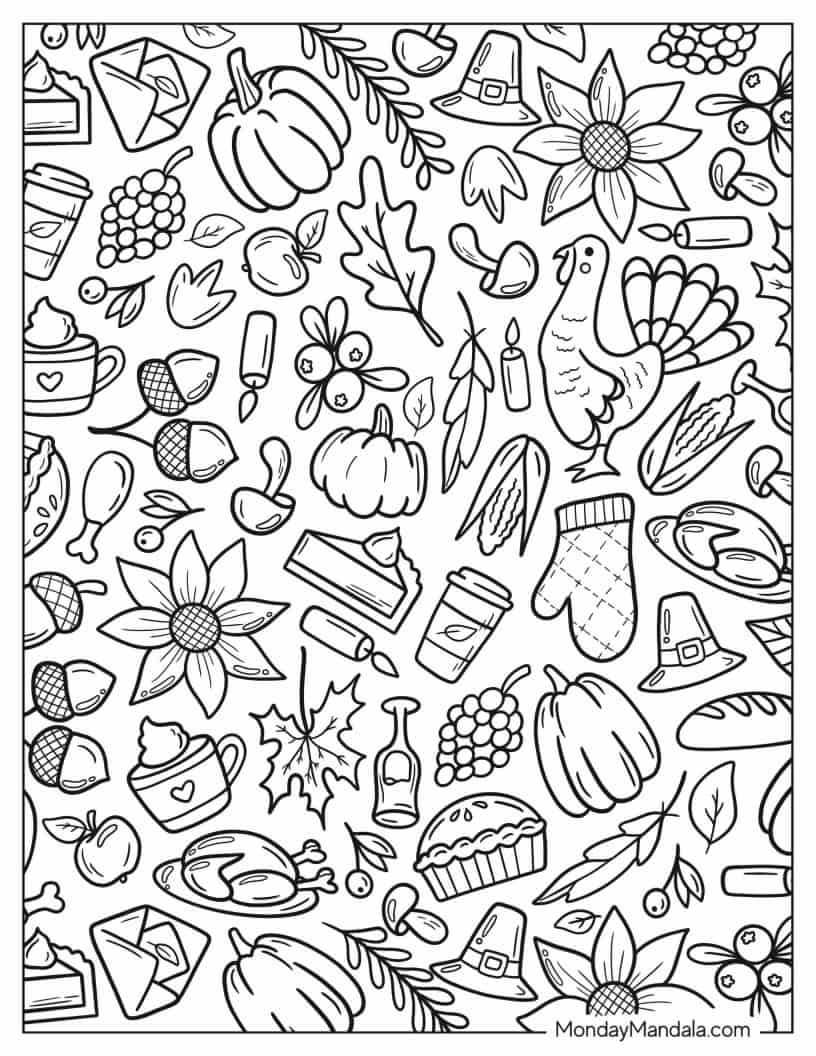 Full Page Of Thanksgiving Things Coloring Sheet coloring page — printable line art