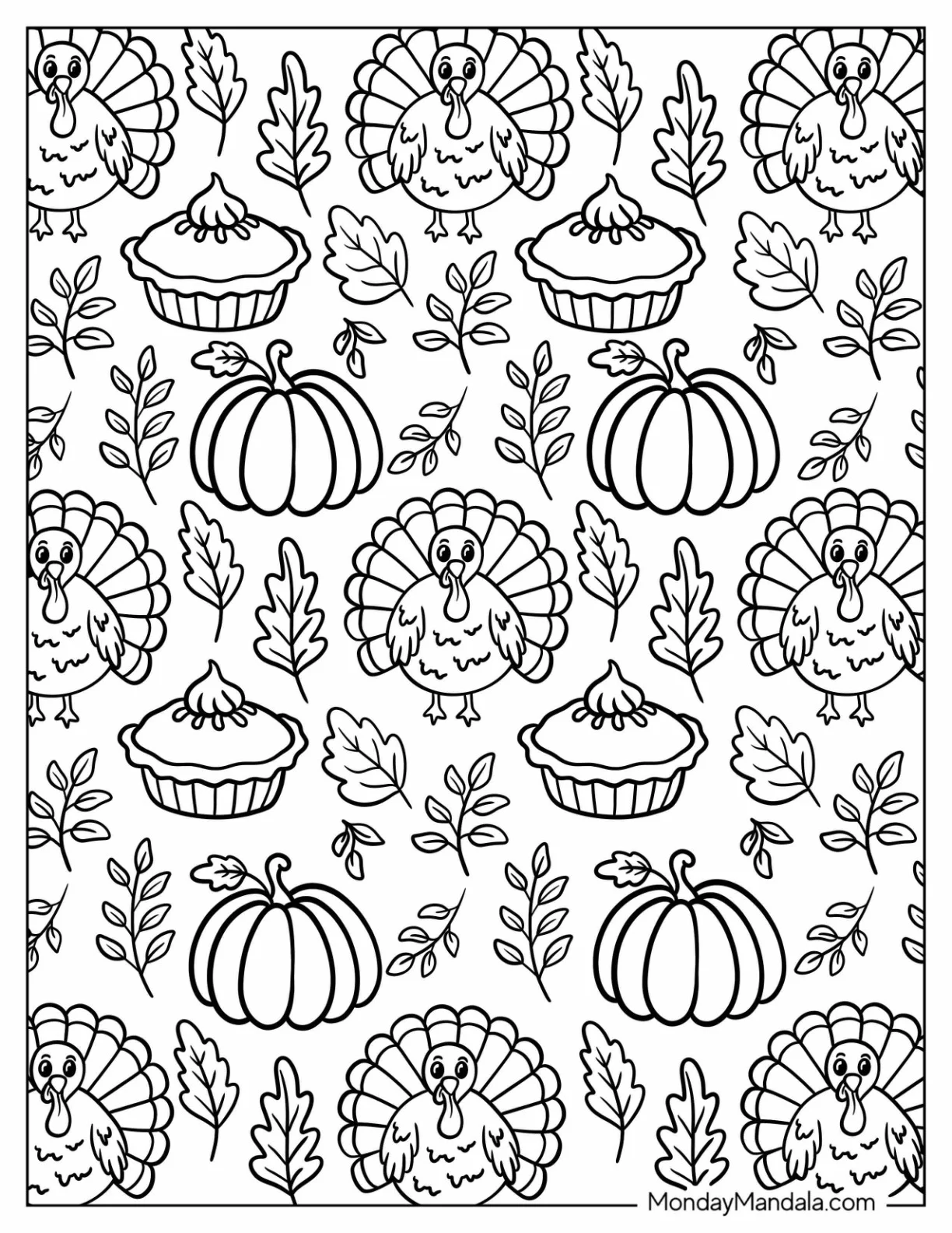 Full Page Thanksgiving Coloring Page Turkey, Fall Leaves, Pumpkins, and Pies coloring page — printable line art