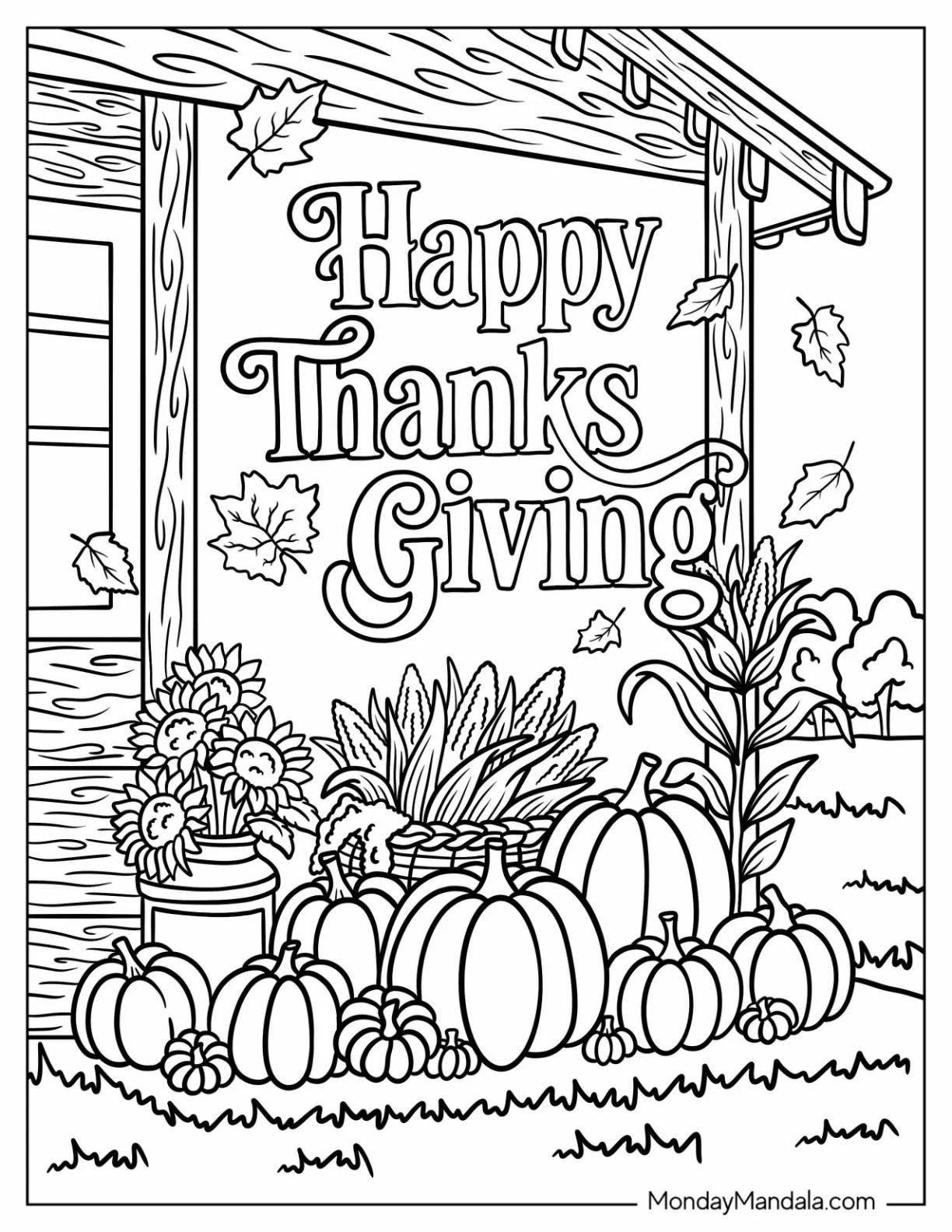Happy Thanksgiving Coloring Page Text with Pumpkins, Sunflowers, and Fall Leaves coloring page — printable line art