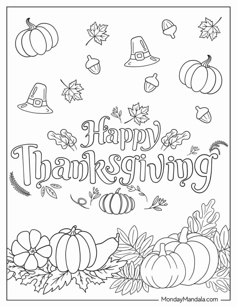 Happy Thanksgiving Greeting In Autumn Setting coloring page