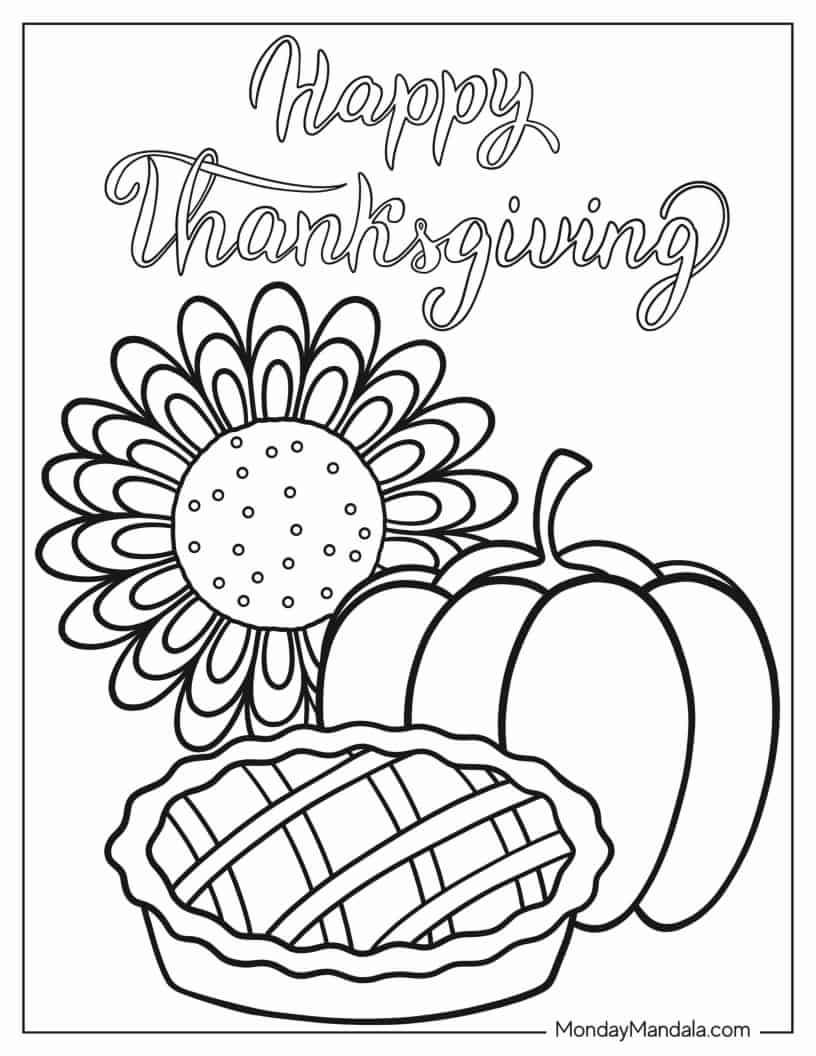Happy Thanksgiving Pumpkin Pie Coloring Sheet coloring page — printable line art