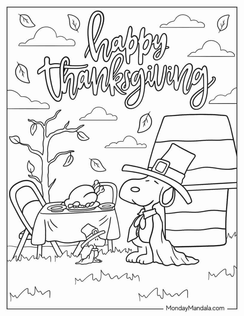 Happy Thanksgiving With Snoopy And Woodstock coloring page — printable line art