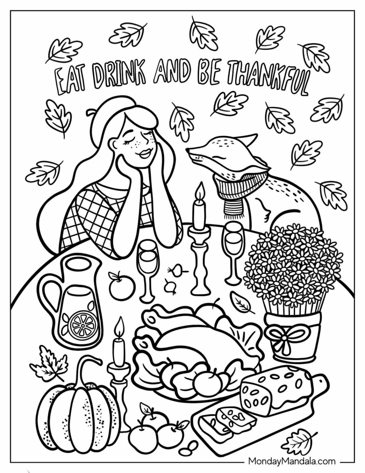 Happy Woman And Fox Eating Thanksgiving Coloring Page Of Dinner coloring page — printable line art