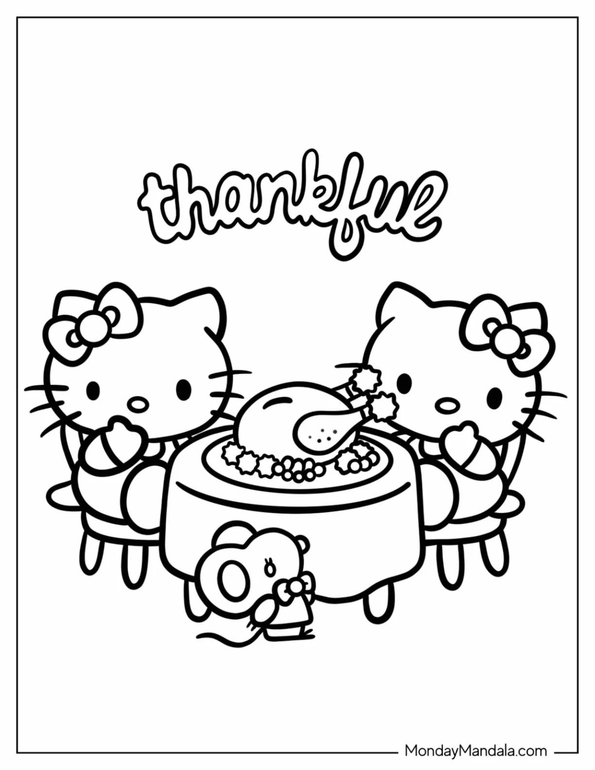 Hello Kitty And Mimmy White Eating Thanksgiving Coloring Page Of Dinner For Preschoolers coloring page — printable line art