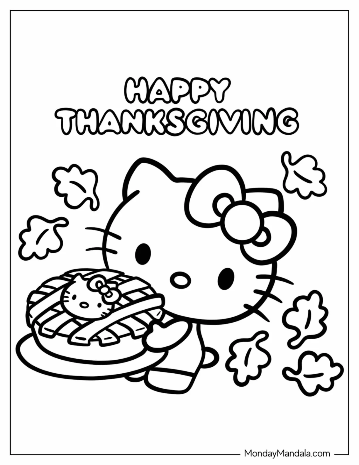Hello Kitty Carrying A Thanksgiving Coloring Page Of Pie For Kids coloring page — printable line art