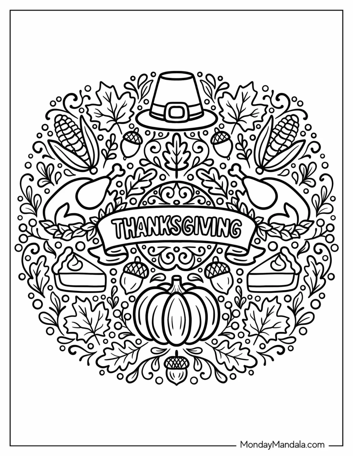 Intricate Thanksgiving Coloring Page of Mandala with Turkeys, Pumpkin Pie, and Autumn Leaves coloring page