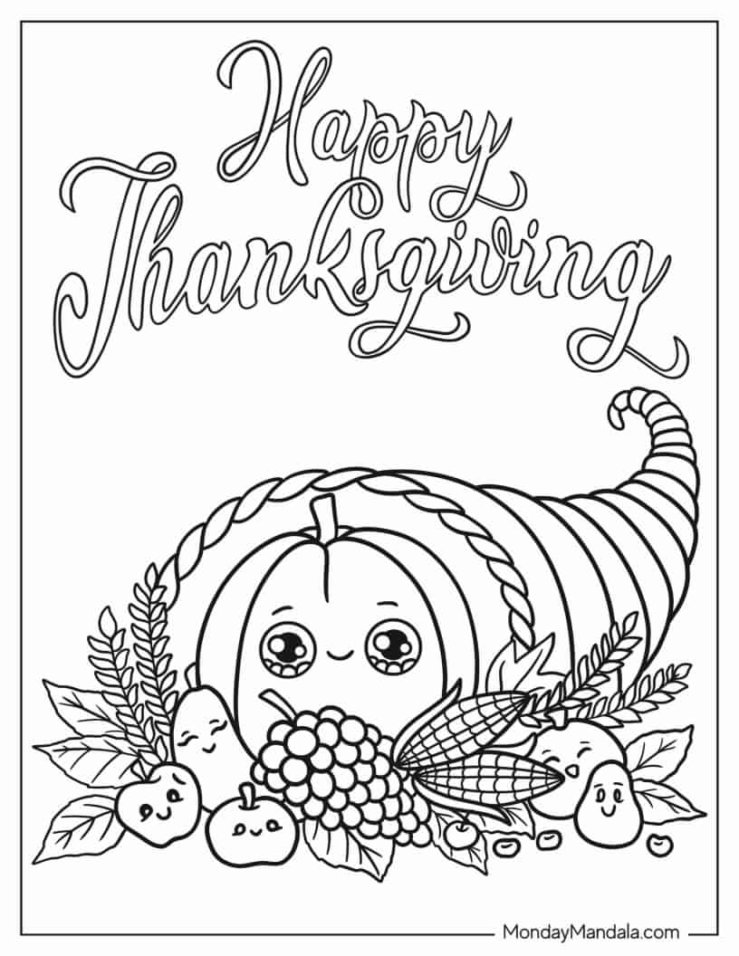 Kawaii Pumpkins And Apples For Thanksgiving Coloring Sheet coloring page