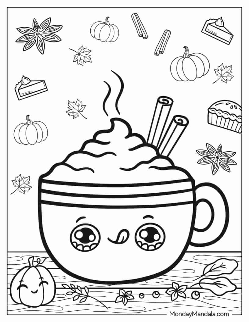 Kawaii Thanksgiving Hot Chocolate Coloring In For Preschoolers coloring page — printable line art