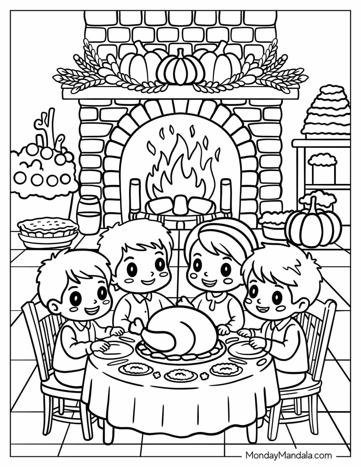Kids Enjoying Thanksgiving Coloring Page Dinner by the Fireplace for Kids coloring page — printable line art