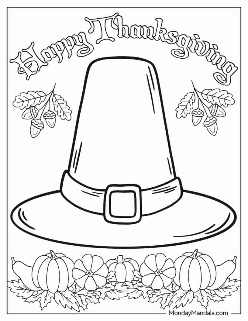 Large Thanksgiving Hat With Greeting coloring page — printable line art