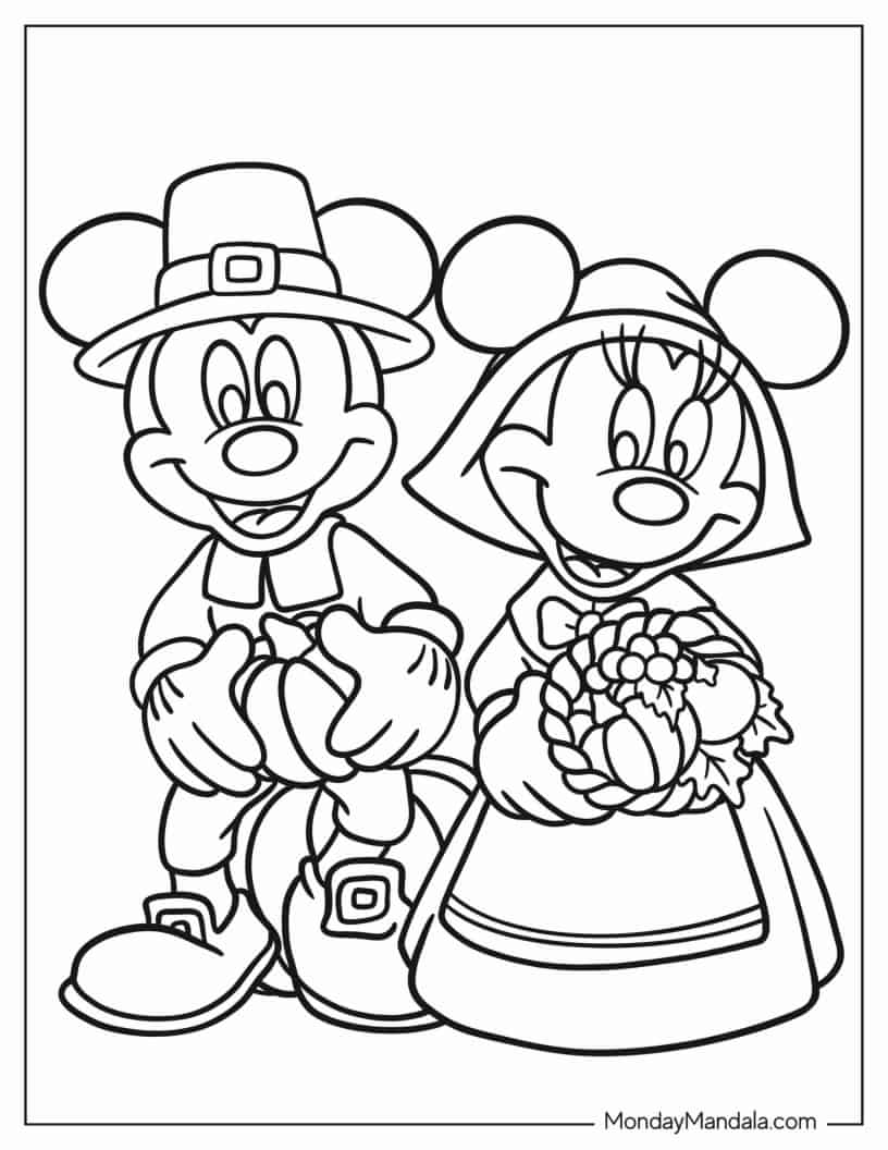 Mickey And Minnie Mouse In Thanksgiving Costumes coloring page — printable line art