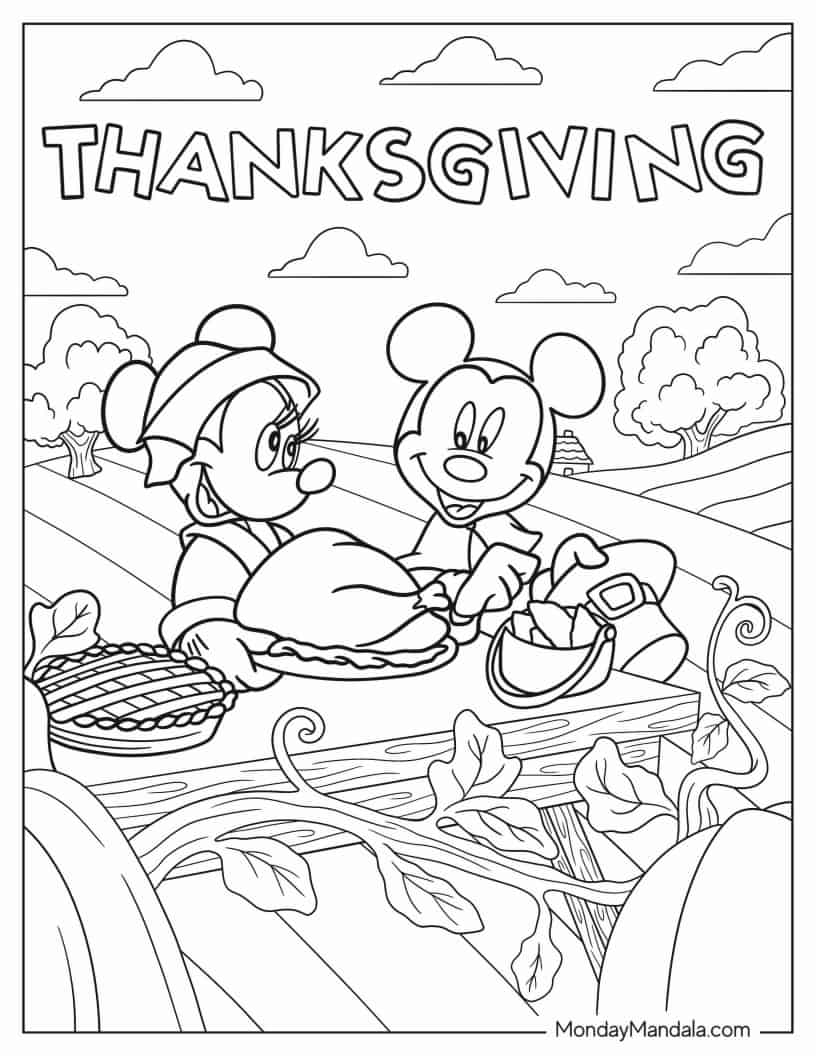 Mickey And Minnie Mouse With Thanksgiving Turkey Coloring Page coloring page — printable line art