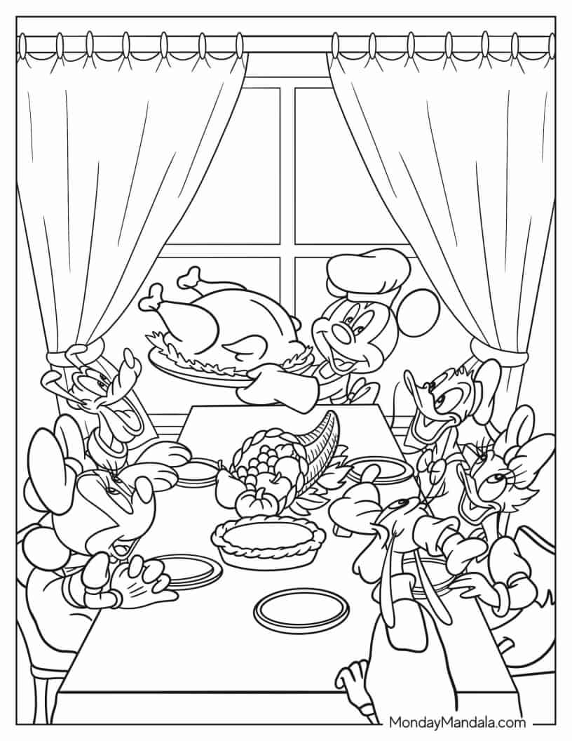 Mickey Mouse And Friends Eat Turkey On Thanksgiving Coloring Sheet coloring page — printable line art