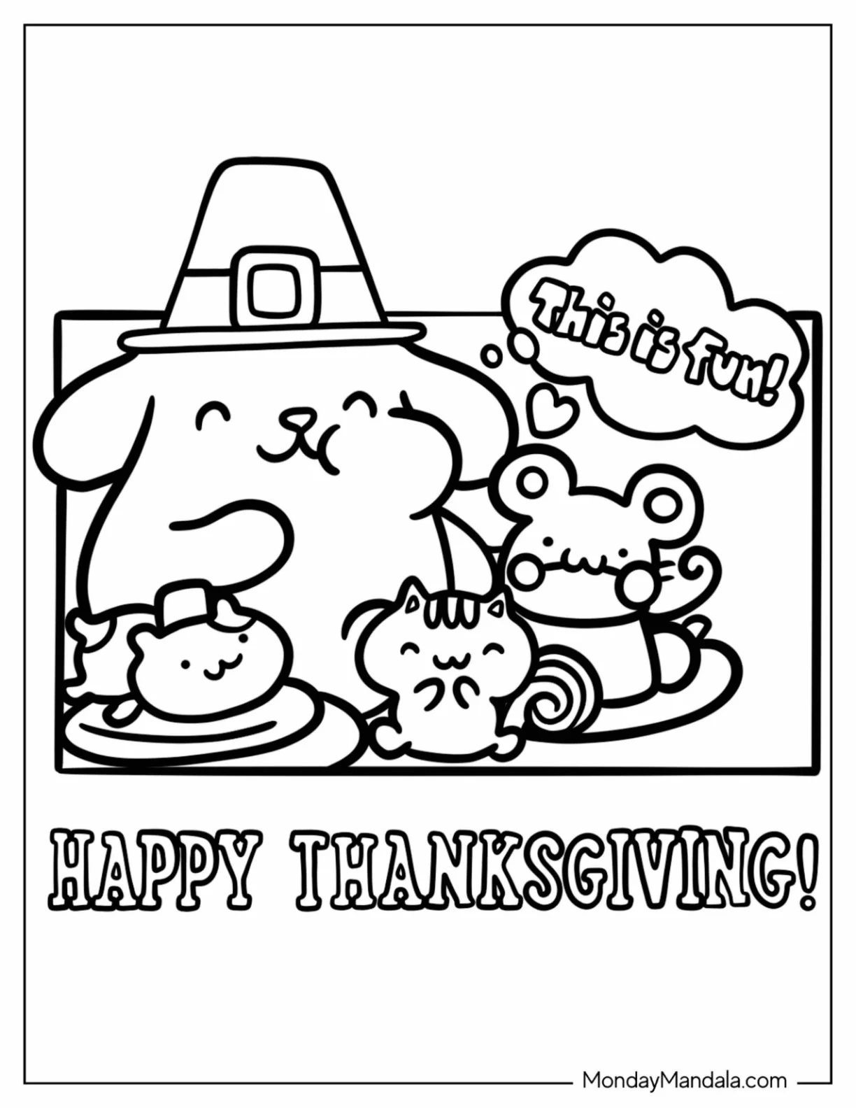 Pompompurin Eating Thanksgiving Coloring Page Of Dinner With Friends coloring page — printable line art