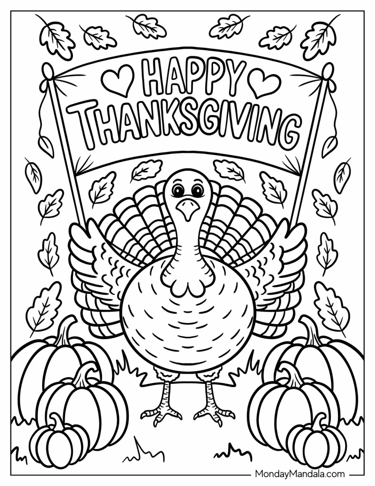 Proud Thanksgiving Coloring Page Turkey with Banner and Pumpkins coloring page — printable line art