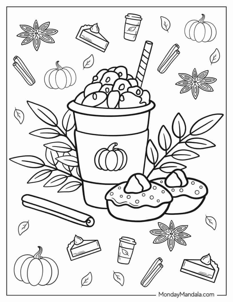 Pumpkin Spice Latte With Donuts Coloring Sheet coloring page