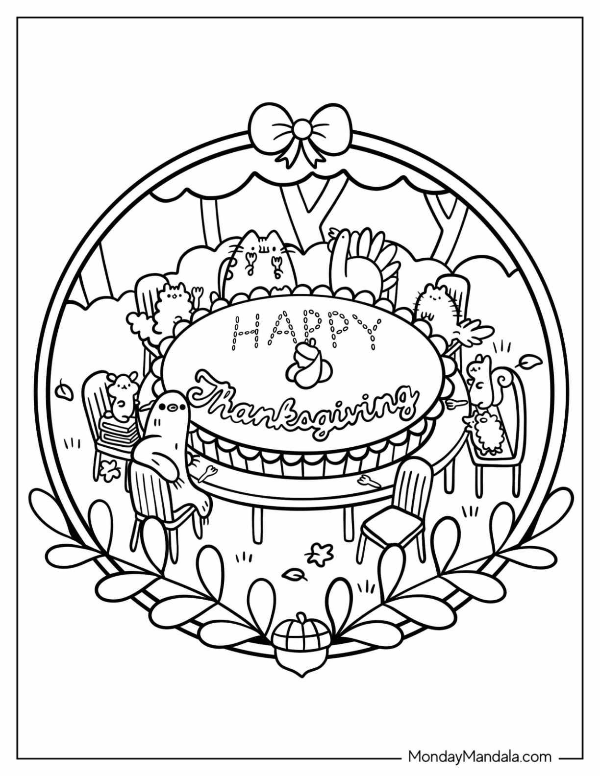 Pusheen And Friends Celebrating Thanksgiving Coloring Page For Kids coloring page — printable line art