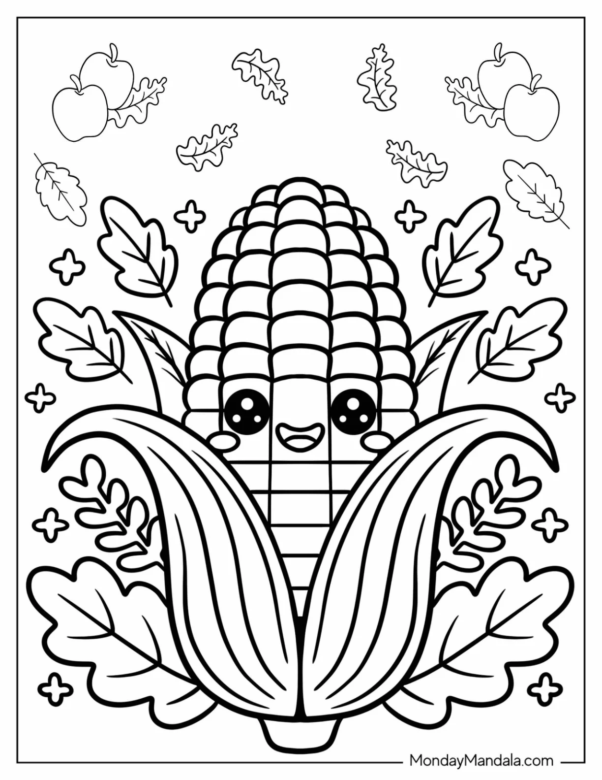 Thanksgiving Coloring Page Adorable Cartoon Corn with Fall Leaves for Kids coloring page