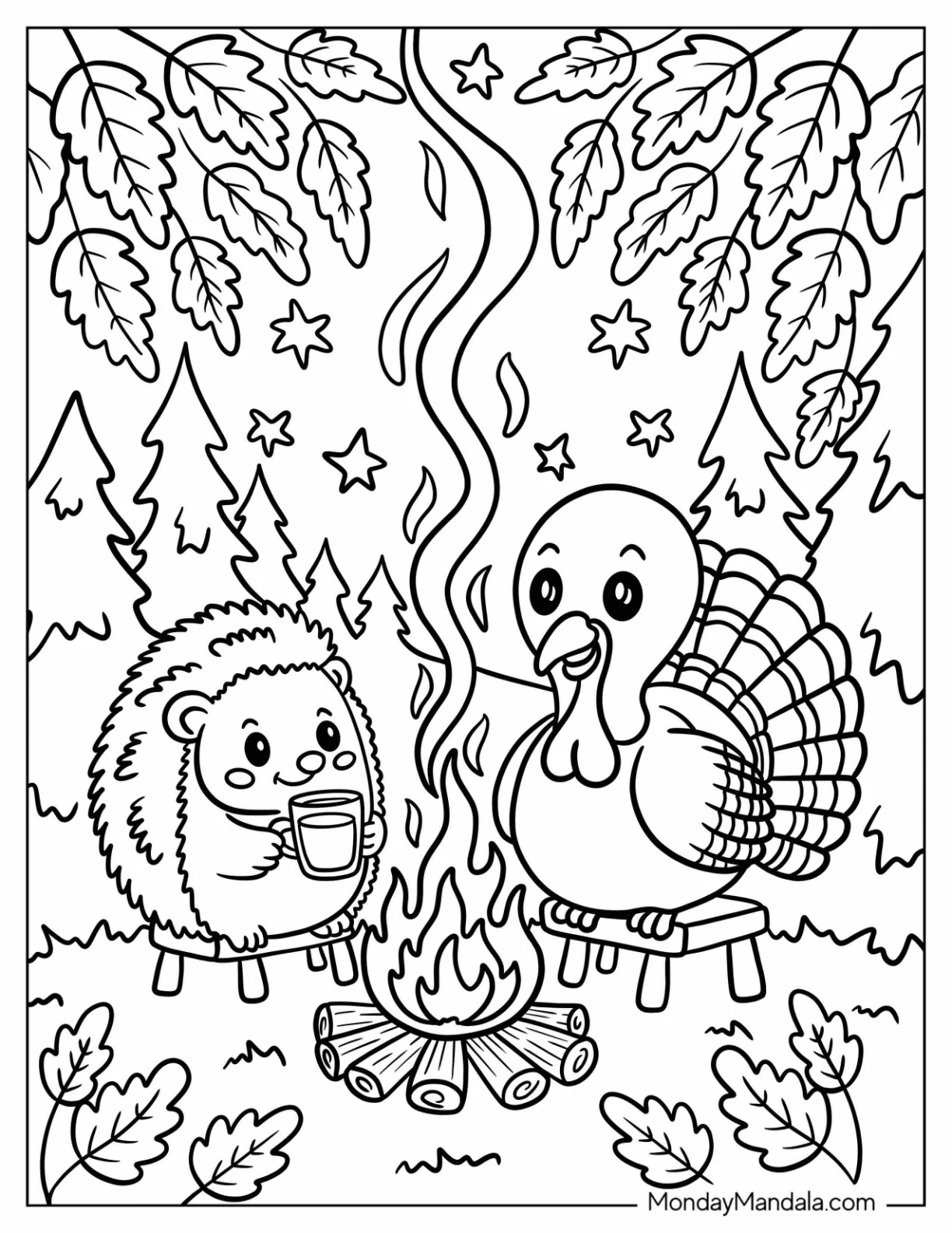 Thanksgiving Coloring Page Campfire with Turkey and Hedgehog in the Forest coloring page